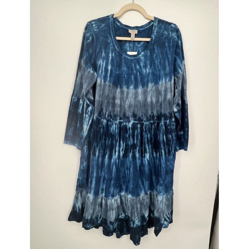 LOGO Lori Goldstein Tiered Tie Dye Midi Dress Sz L Petite Blue Long Sleeve Boho